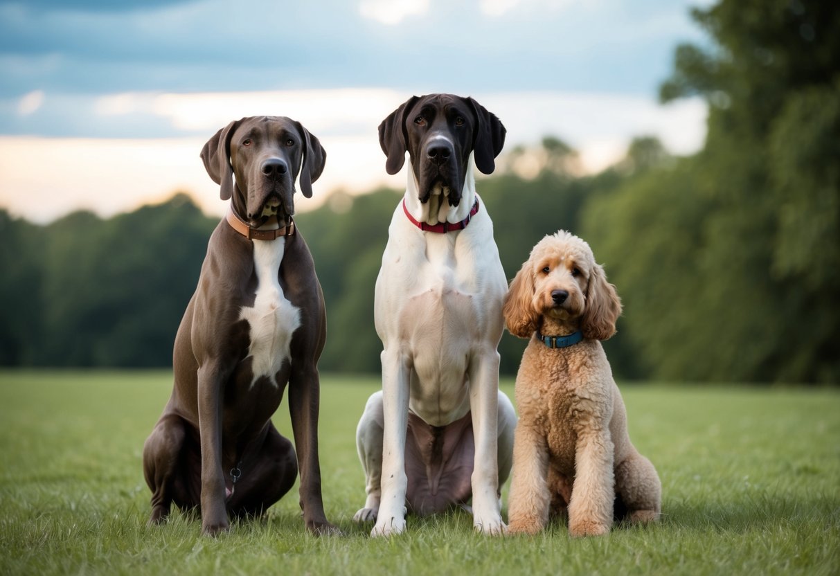 A Great Dane stands tall next to a towering Saint Bernard, both dwarfing a standard-sized poodle