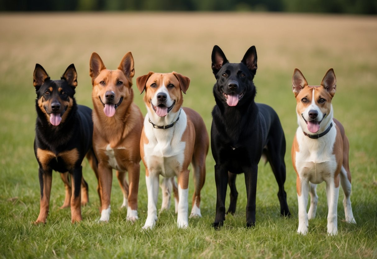 A pack of rare dogs stand in a grassy field, each showing off their unique and striking coat patterns