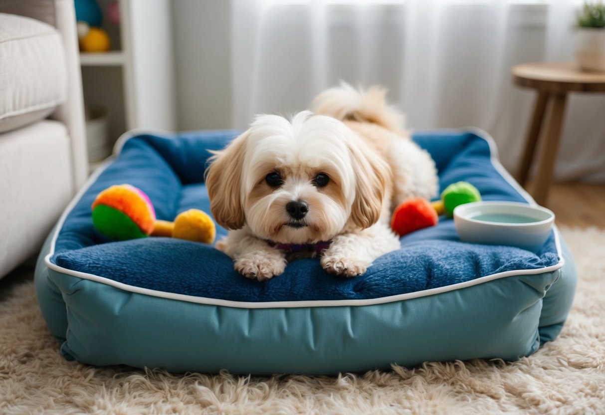 A small, fluffy Bichon Frise dog lying contentedly on a plush bed, surrounded by toys and a bowl of water