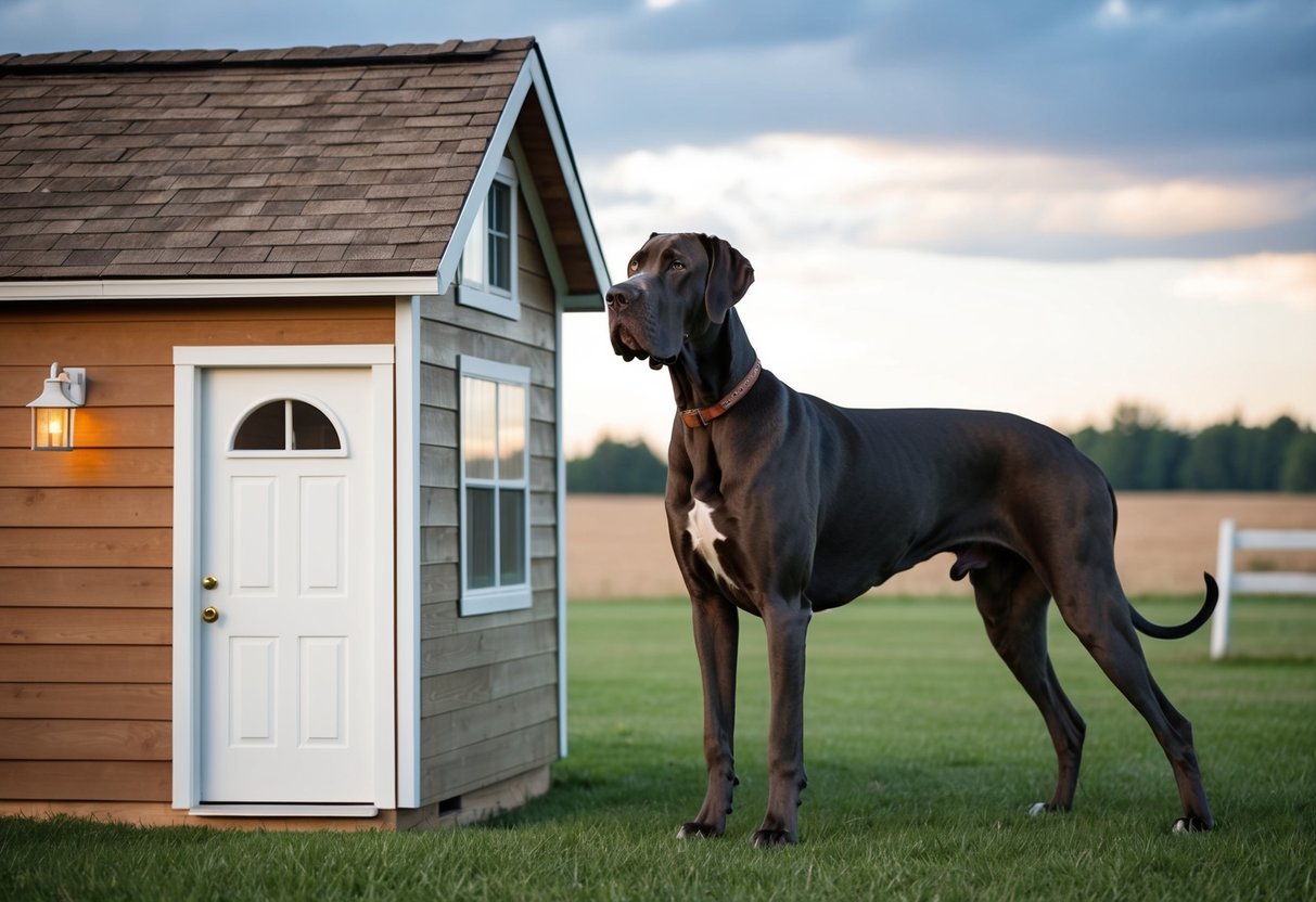 A massive Great Dane stands next to a tiny house, its head nearly reaching the roof. Its gentle eyes and towering stature convey its status as the world's largest dog