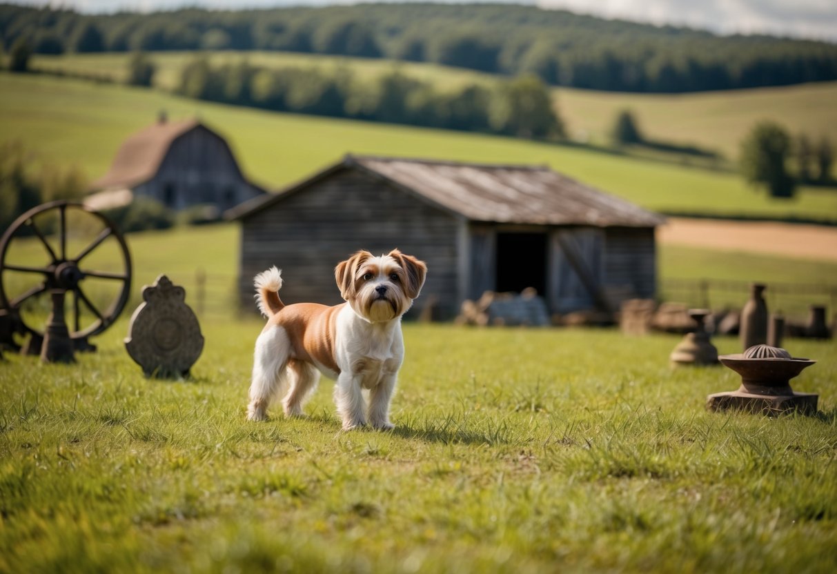 A serene countryside landscape with a small, rustic farm featuring a rare and ancient breed of dog, surrounded by historical artifacts and cultural symbols