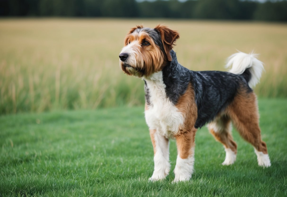 A Komondor dog stands proudly in a grassy field, its distinctive corded coat flowing as it gazes off into the distance