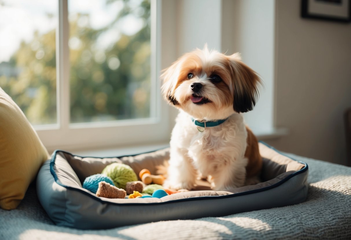 A small, fluffy dog sits contentedly on a cozy bed, surrounded by toys and treats. Its tail wags happily as it gazes out a sunny window