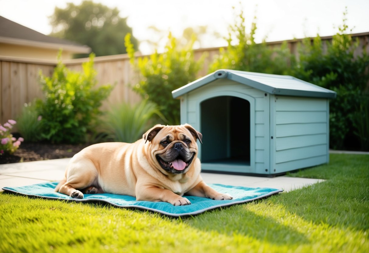 A contented, plump dog lounges in a sun-drenched backyard, surrounded by low-maintenance landscaping and a sturdy, easy-to-clean dog house