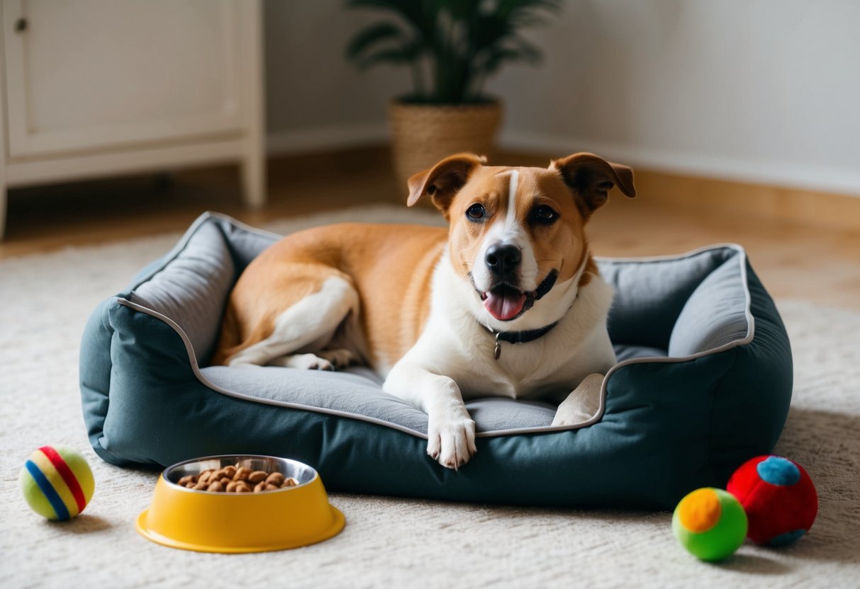A content dog lounges in a cozy bed, surrounded by toys and a full food bowl