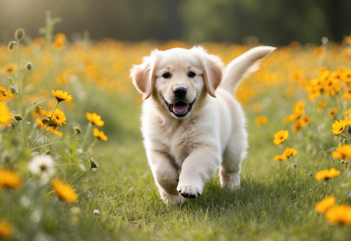 A fluffy golden retriever puppy playing in a field of wildflowers