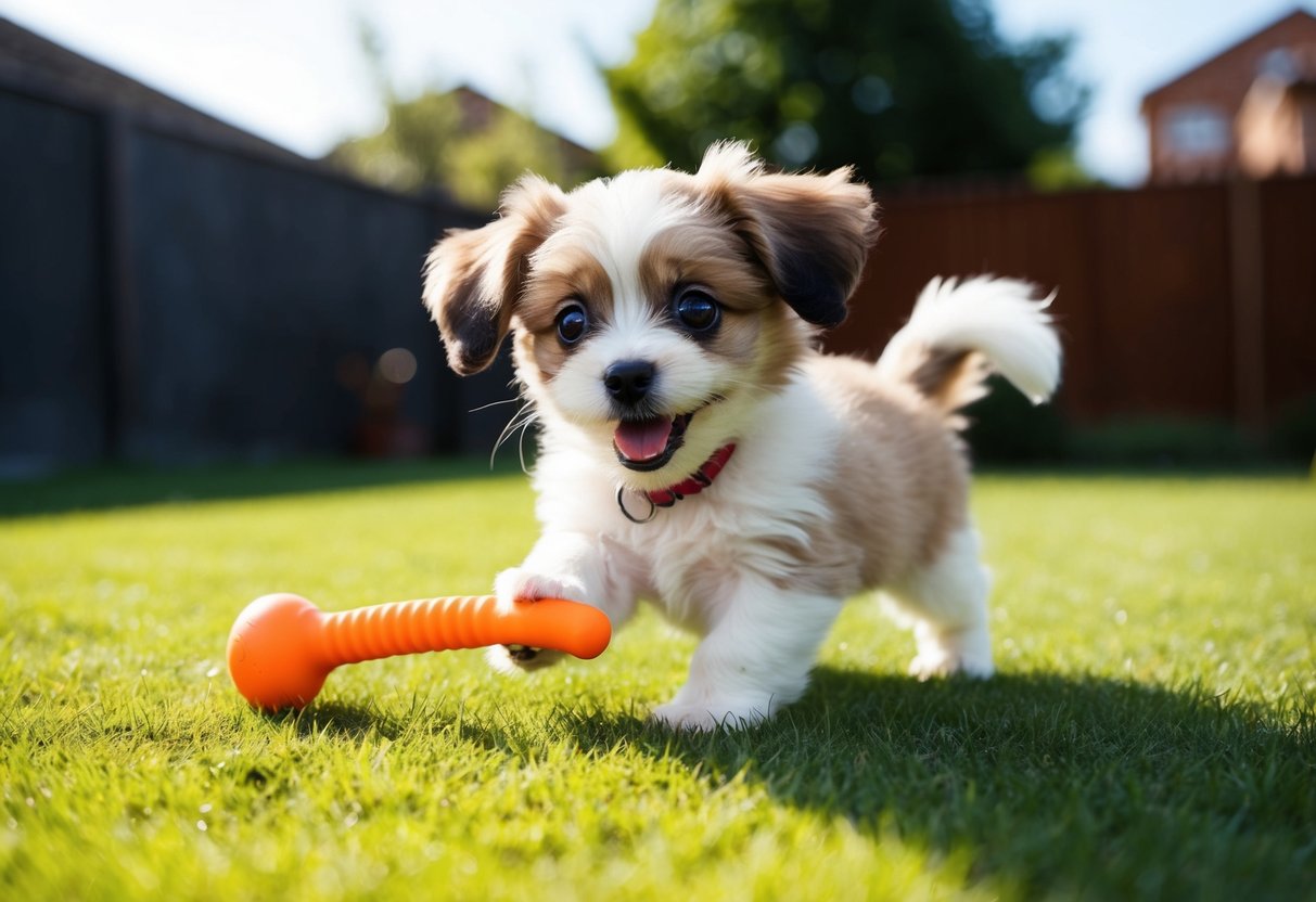 A small fluffy puppy with big round eyes and floppy ears, wagging its tail happily while playing with a chew toy in a sunny backyard