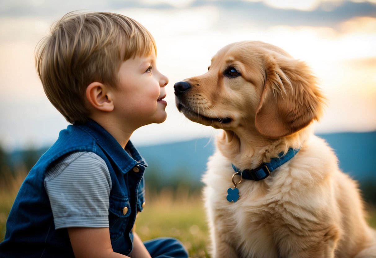 A fluffy golden retriever puppy sitting next to a child, both looking up at each other with adoring eyes