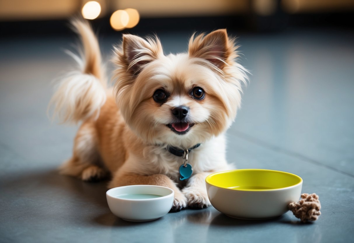 A fluffy, small breed dog with big, soulful eyes and a wagging tail, sitting obediently next to a bowl of fresh water and a chew toy