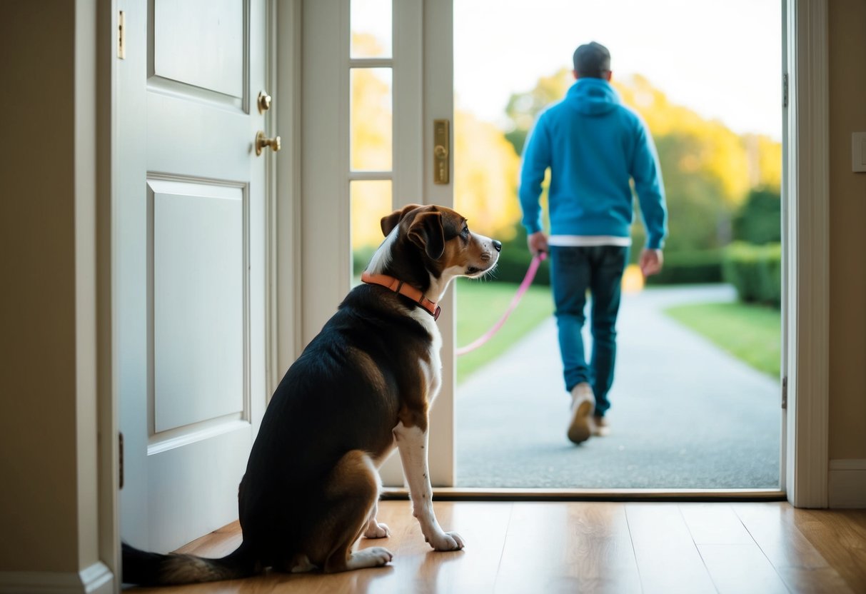 A dog sitting by a closed door, looking longingly at a person walking away with a leash in hand