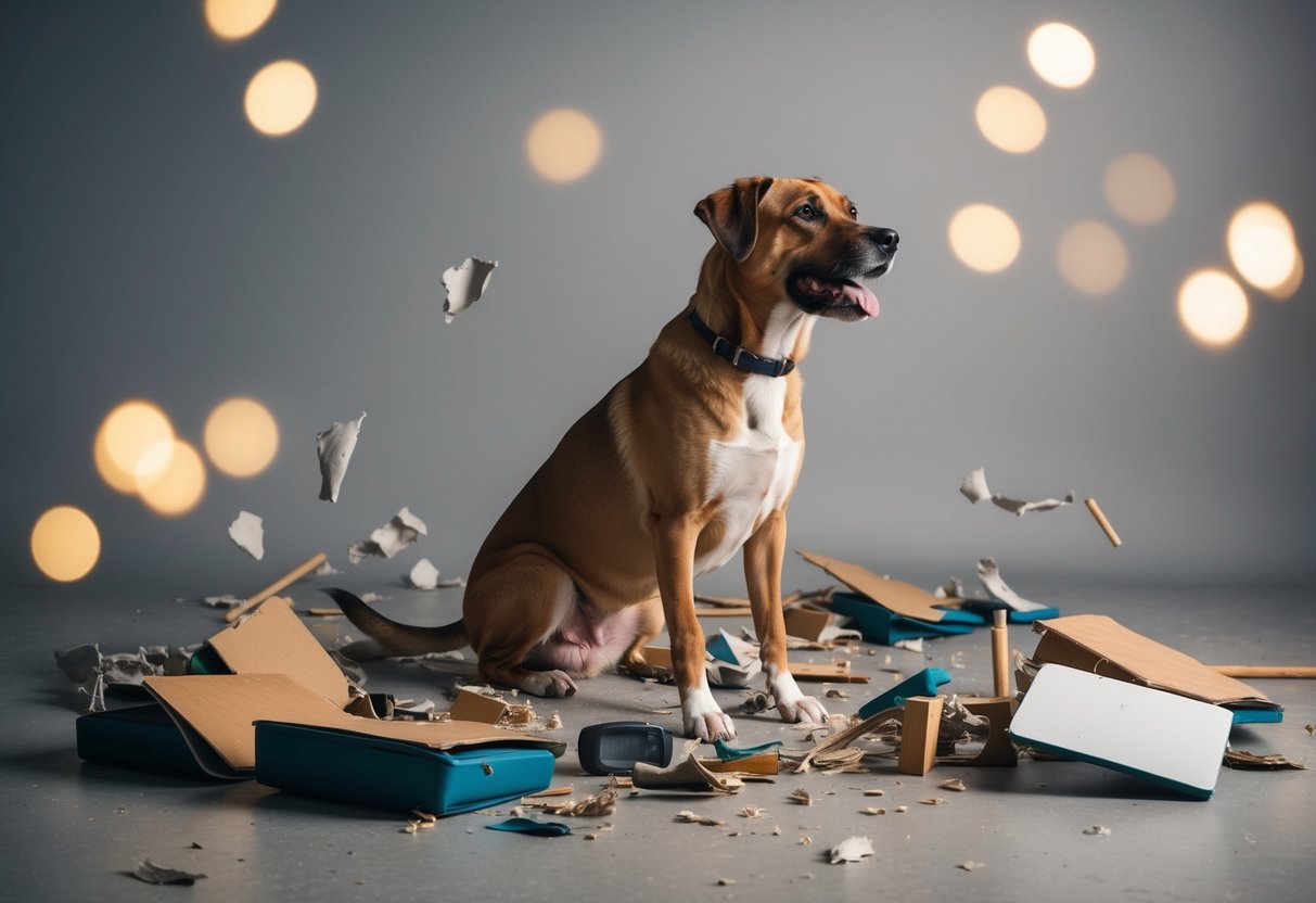 A disloyal dog, surrounded by scattered torn objects and ignoring its owner's call