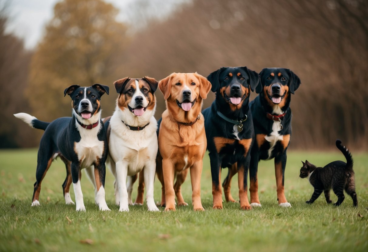 A pack of loyal dog breeds standing together, while a lone, disinterested cat walks away