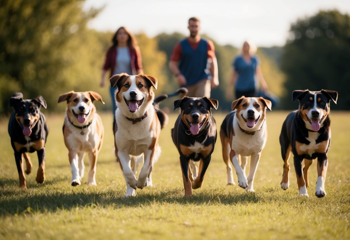A pack of dogs, some eagerly following their owner while others wander off in different directions, showing varying levels of loyalty