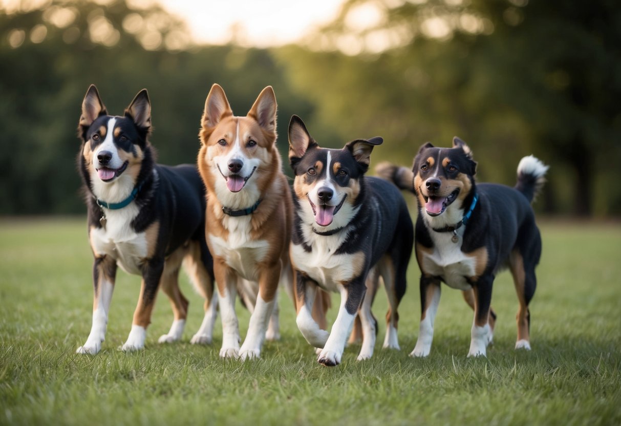 A pack of dogs standing together, one dog with a sly expression sneaking away from the group