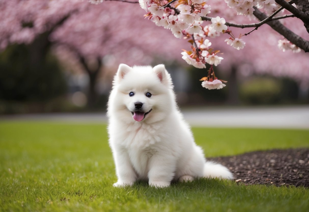 A fluffy white Samoyed puppy with bright blue eyes sits beside a blooming cherry blossom tree in a serene garden