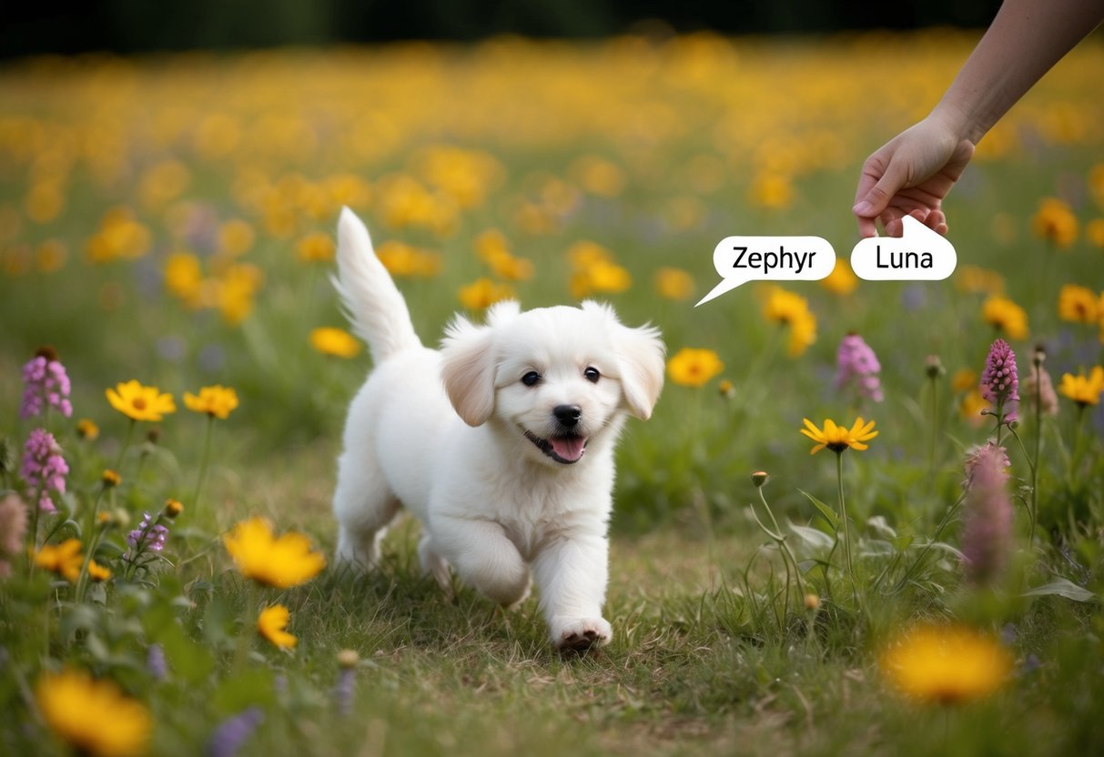 A fluffy white puppy with floppy ears plays in a field of wildflowers. Its owner calls out a unique, gender-specific name like "Zephyr" or "Luna."