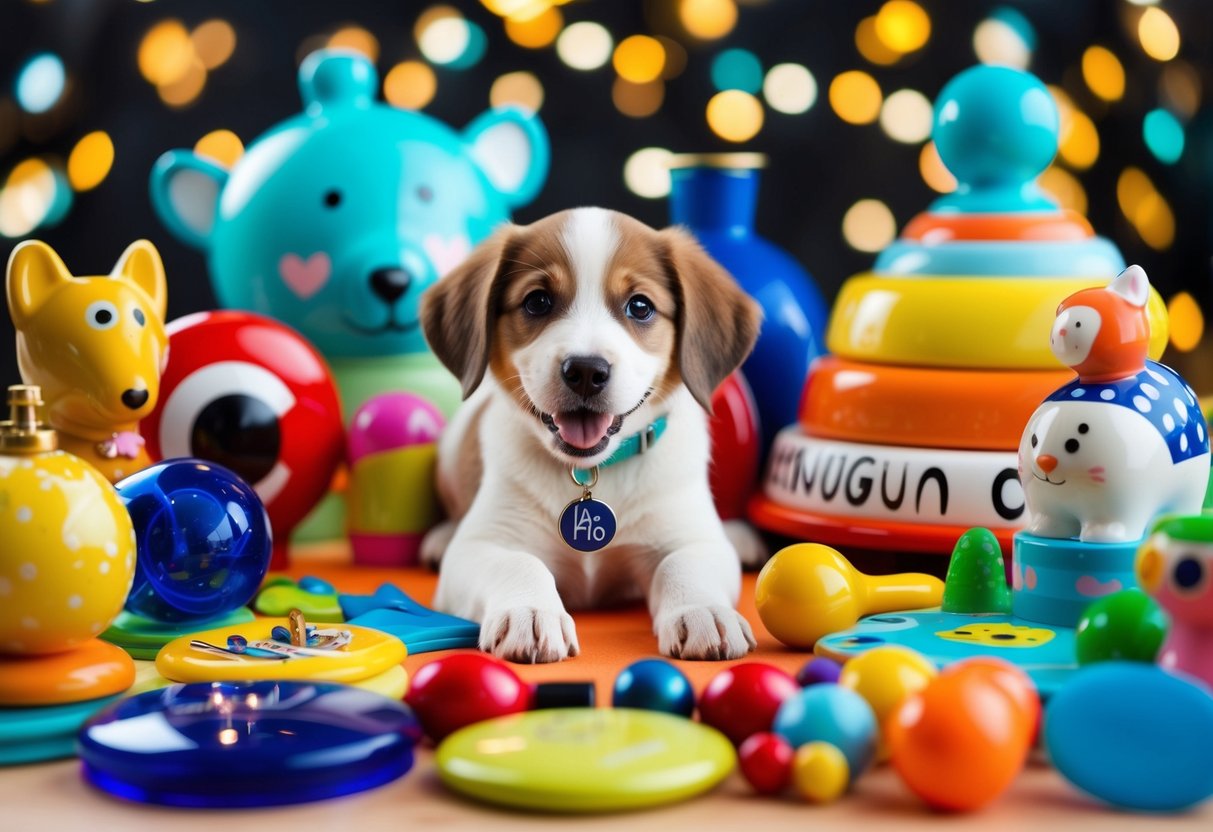 A colorful array of whimsical objects and animals, including a playful puppy with a unique name tag