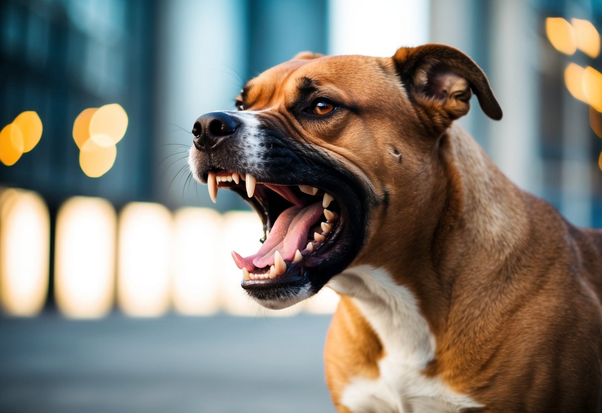 A snarling, muscular dog with sharp teeth and a menacing gaze