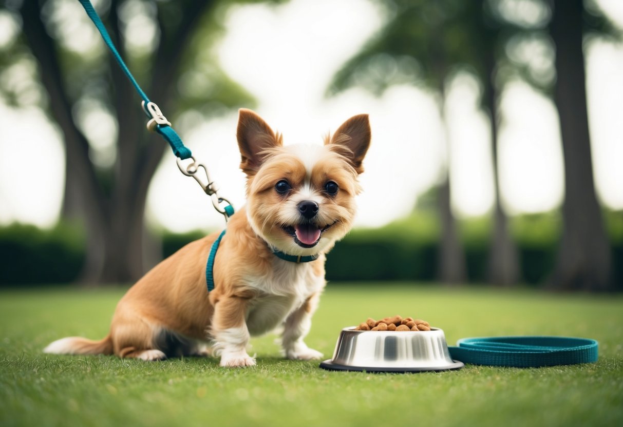 A small, friendly dog wagging its tail, sitting next to a food bowl and a leash