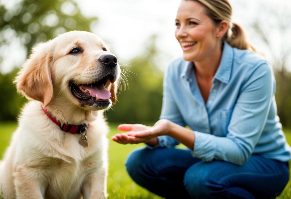 A smiling, playful golden retriever puppy sits beside a wagging tail, while a contented first-time owner looks on with joy
