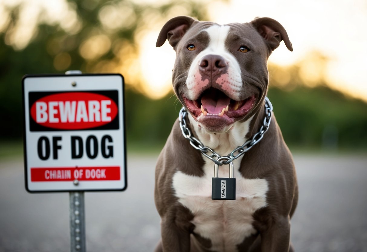 A snarling pit bull stands in front of a "Beware of Dog" sign, with a chain and lock around its neck