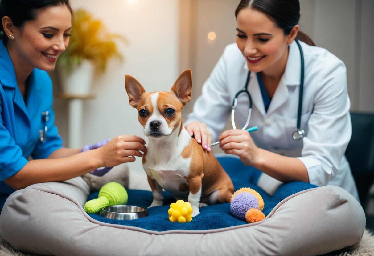 A small, well-groomed dog sits calmly on a plush bed, surrounded by toys and a water bowl. A veterinarian administers a routine check-up, smiling