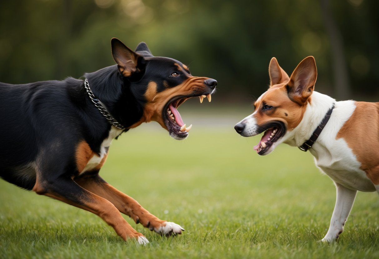 A snarling, aggressive dog lunges forward, teeth bared, as another dog cowers in fear, ears flattened against its head