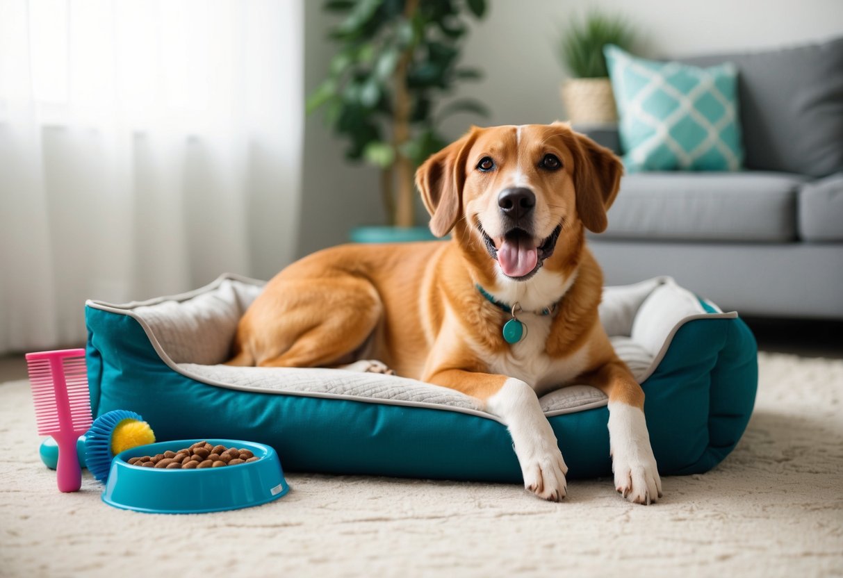 A happy, relaxed dog lying on a cozy bed with a toy nearby, surrounded by easy-care grooming and feeding supplies