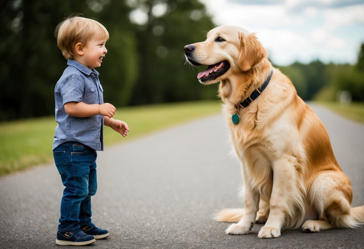 A golden retriever wagging its tail, approaching a child with a big smile