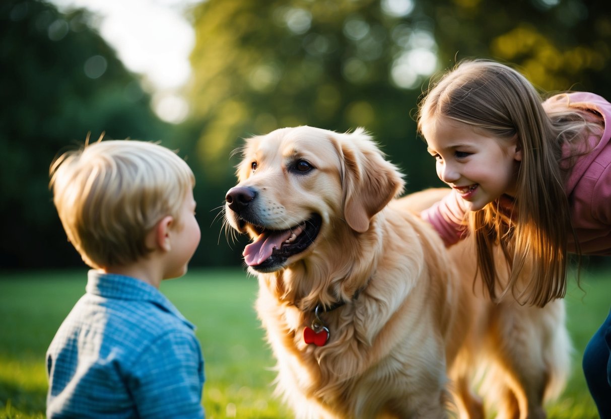 A golden retriever wagging its tail, approaching a child with a big smile
