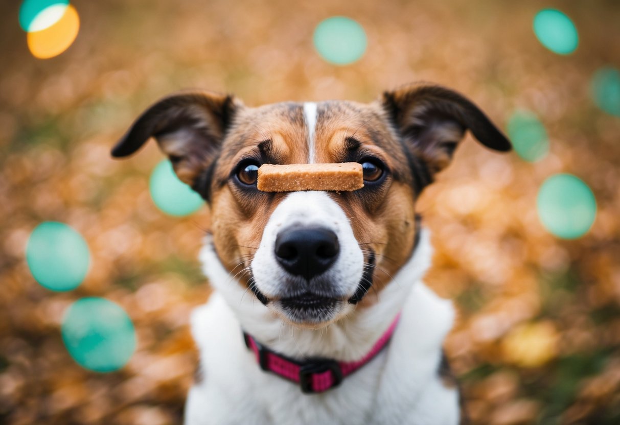 A dog struggling to balance a treat on its nose, trying to resist the urge to snatch it