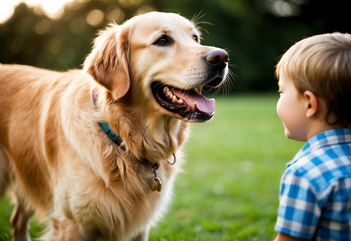 A golden retriever wagging its tail, approaching a child with a big smile on its face