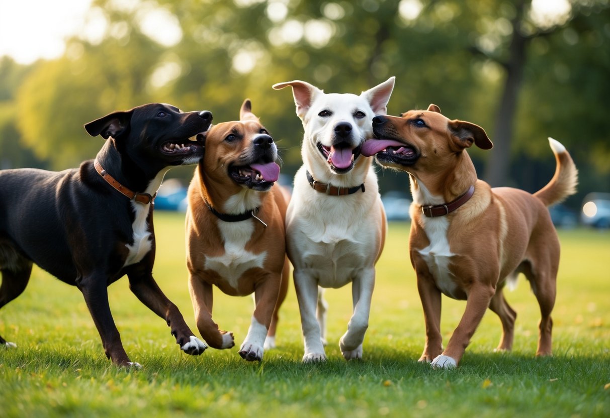 A group of dogs playing together in a park, wagging their tails and licking each other's faces, showing their friendly and sociable nature
