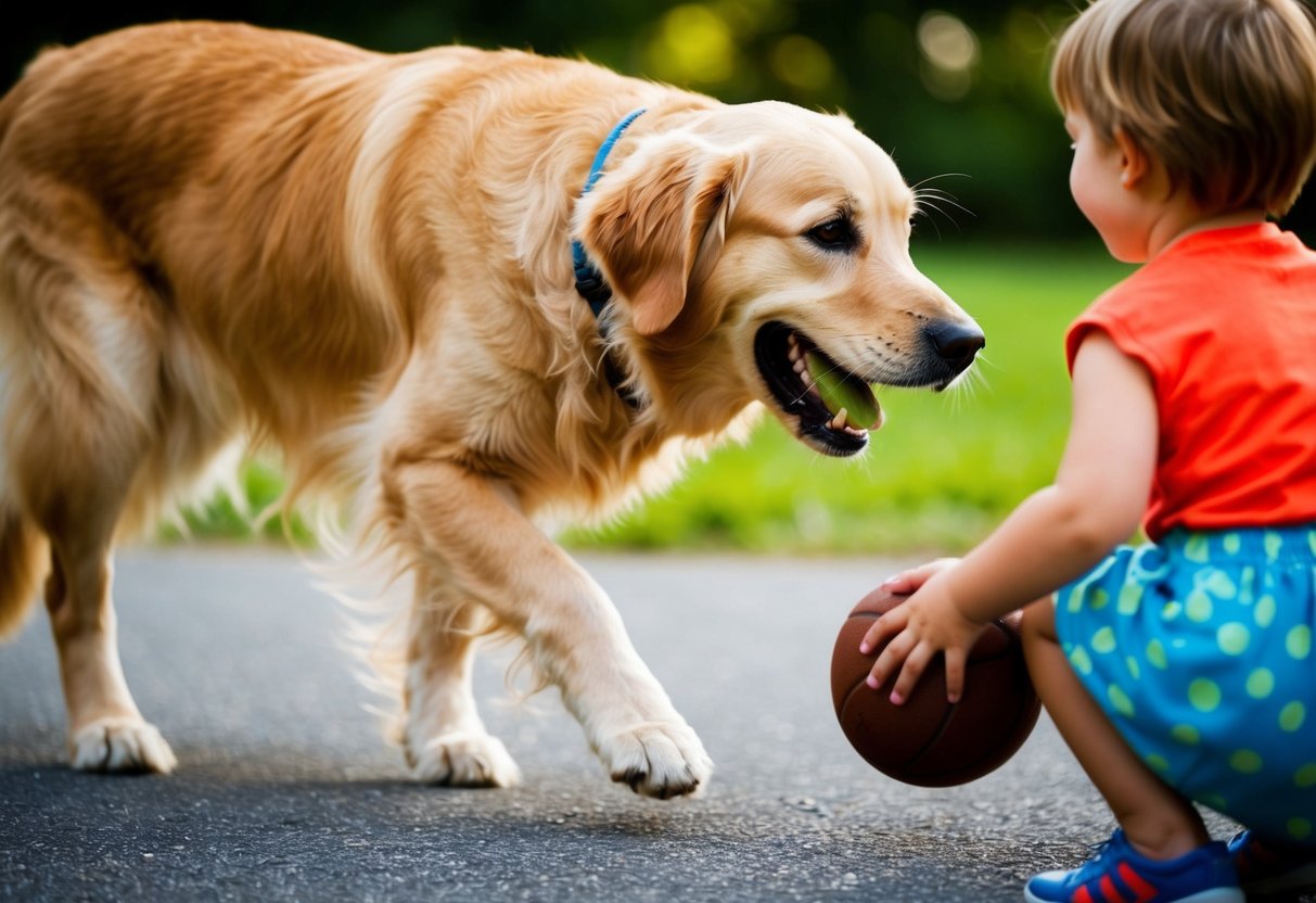 A golden retriever wagging its tail, eagerly approaching a smiling child with a ball in its mouth