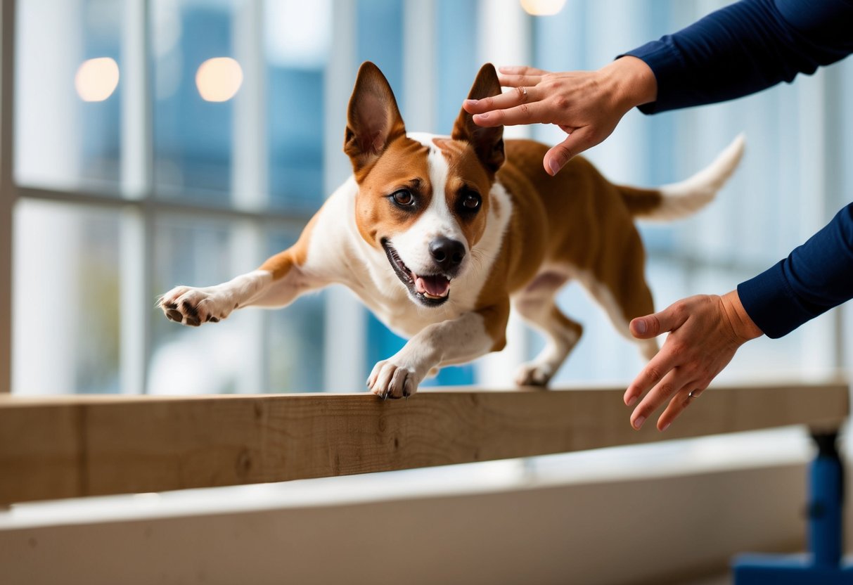 A dog struggling to balance on a narrow beam while trying to follow hand gestures from its trainer