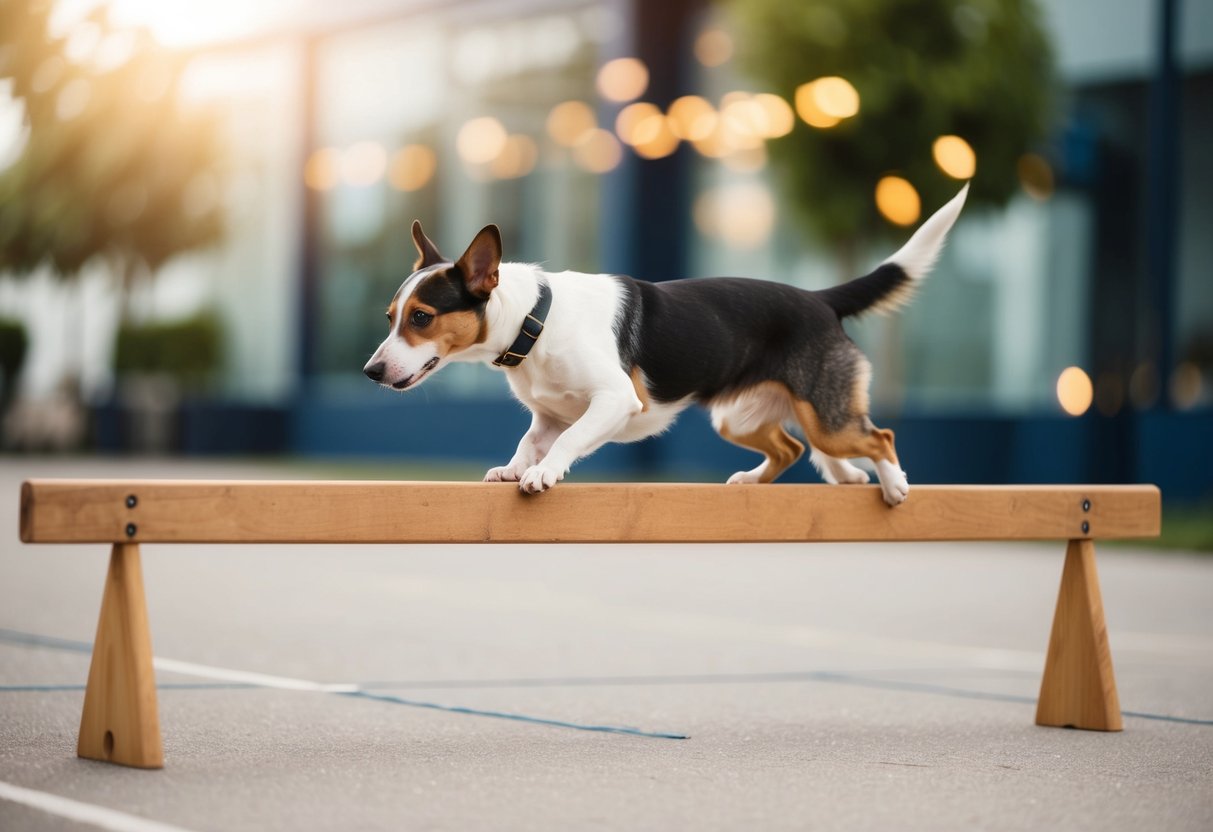 A dog attempting to balance on a narrow beam while performing a series of intricate tricks and commands