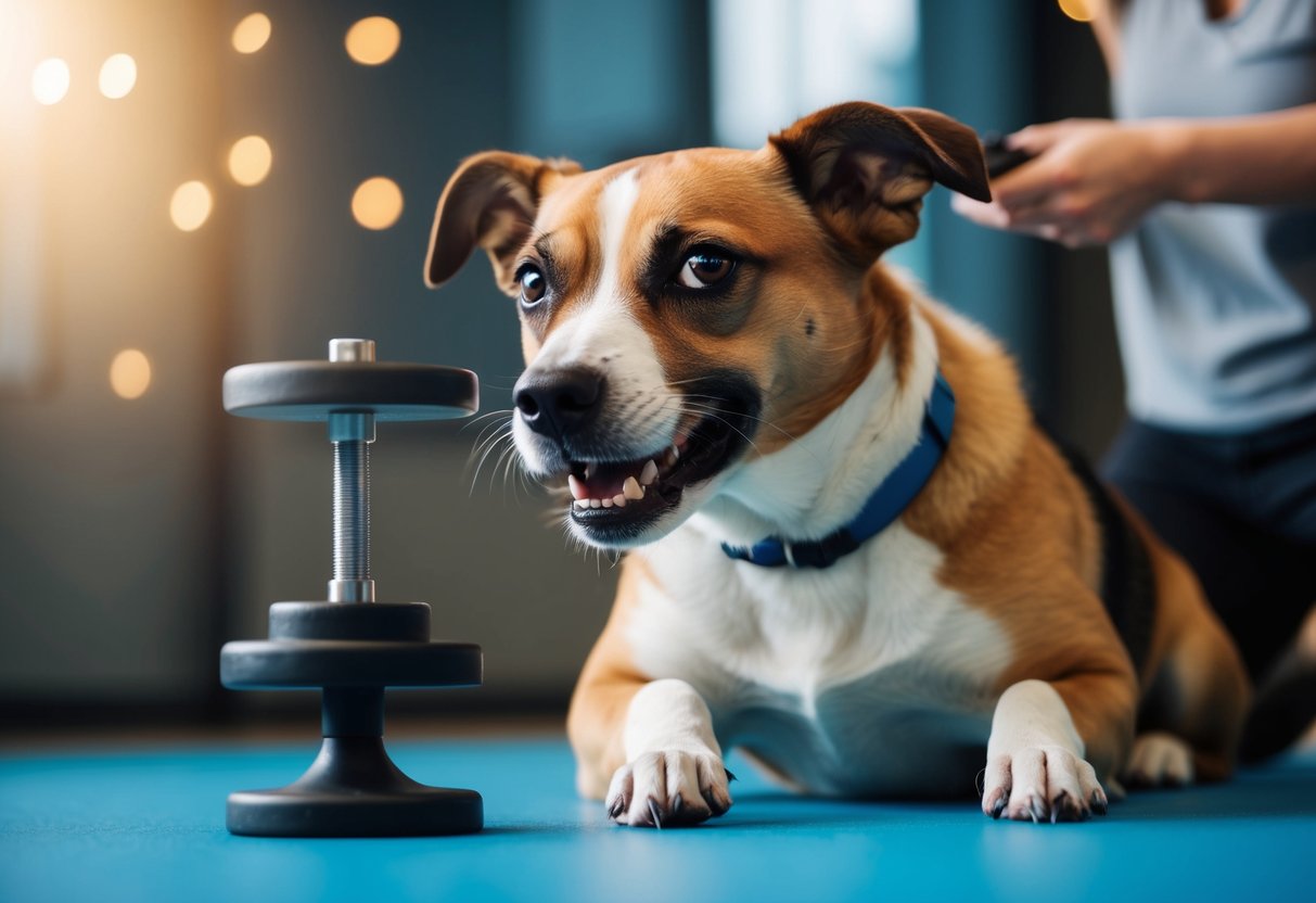 A dog struggling to understand a complex training exercise, with a puzzled expression and tilting its head in confusion