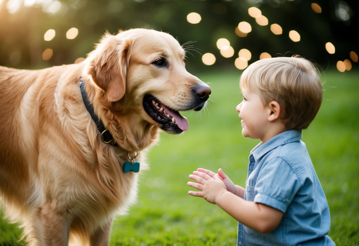 A golden retriever wagging its tail, approaching a child with a big smile and gentle eyes