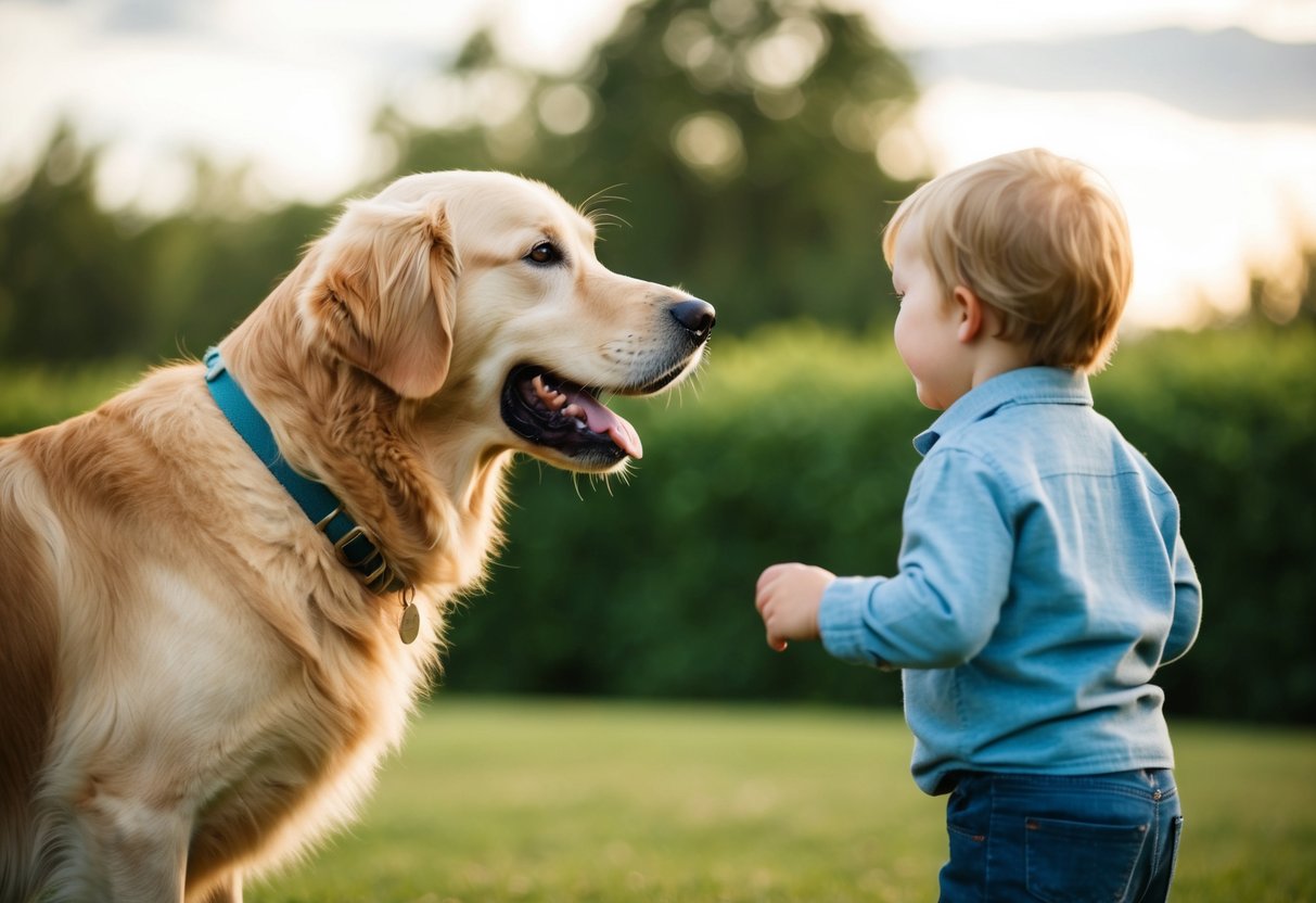 A golden retriever wagging its tail, approaching a child with a gentle expression