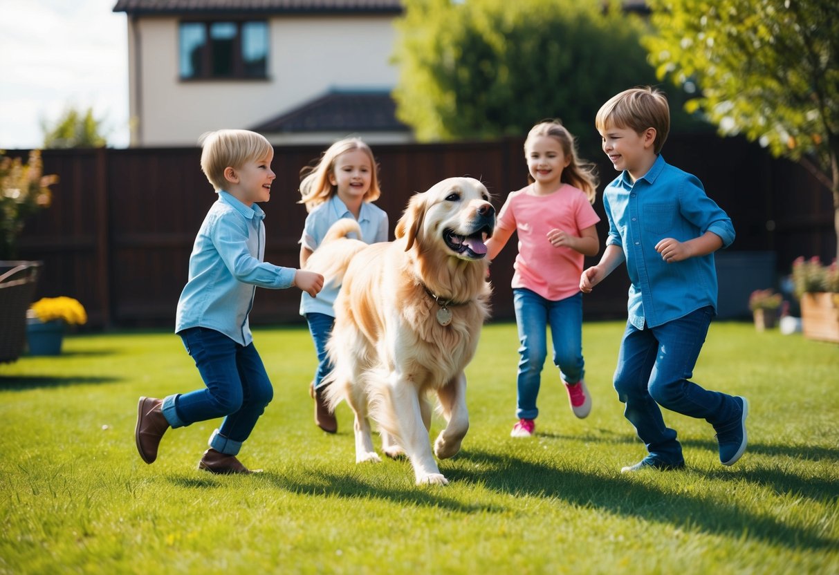 A joyful golden retriever playing with children in a spacious backyard, wagging its tail and looking affectionately at the family