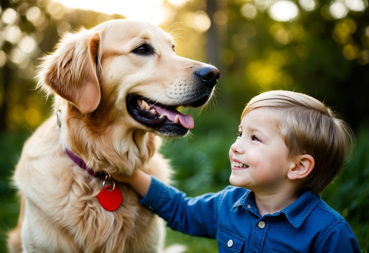 A golden retriever wagging its tail while being pet by a smiling child
