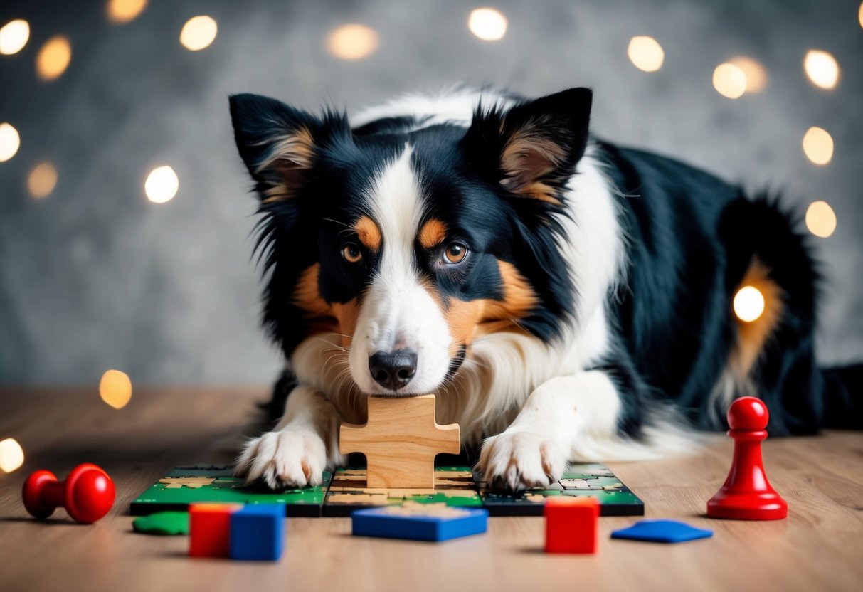 A border collie solving a complex puzzle with various objects scattered around