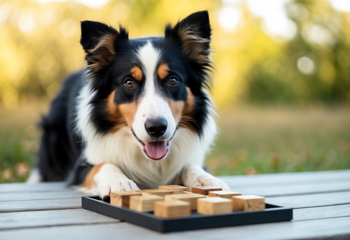 A border collie solving a complex puzzle to demonstrate its high intelligence ranking among dog breeds
