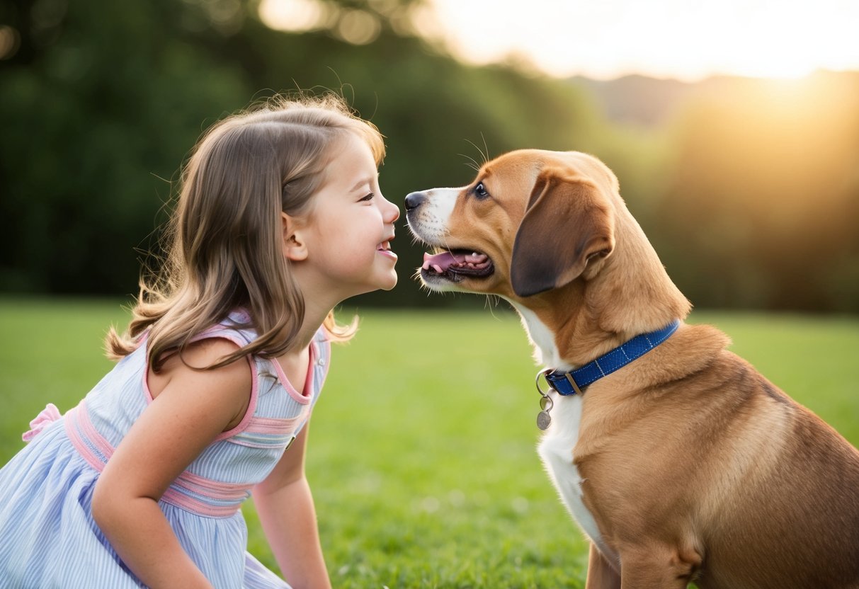 A girl and a boy dog playfully interact, wagging their tails and sniffing each other's noses in a friendly manner