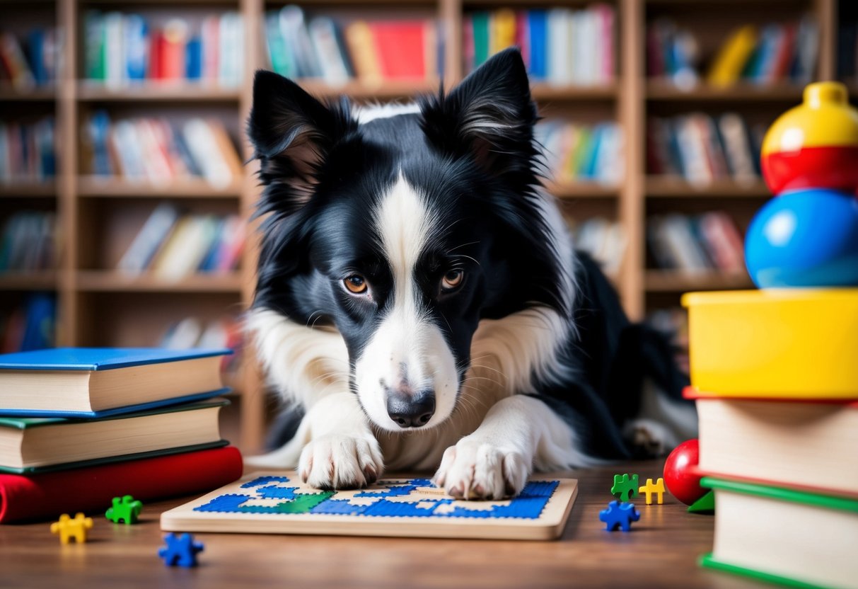 A border collie solving a complex puzzle, surrounded by books and toys