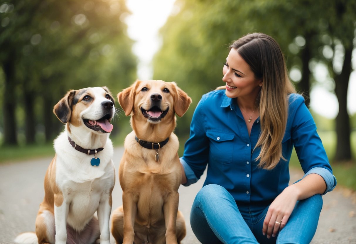 A male and female dog are sitting side by side, wagging their tails and looking up at their owner with friendly expressions