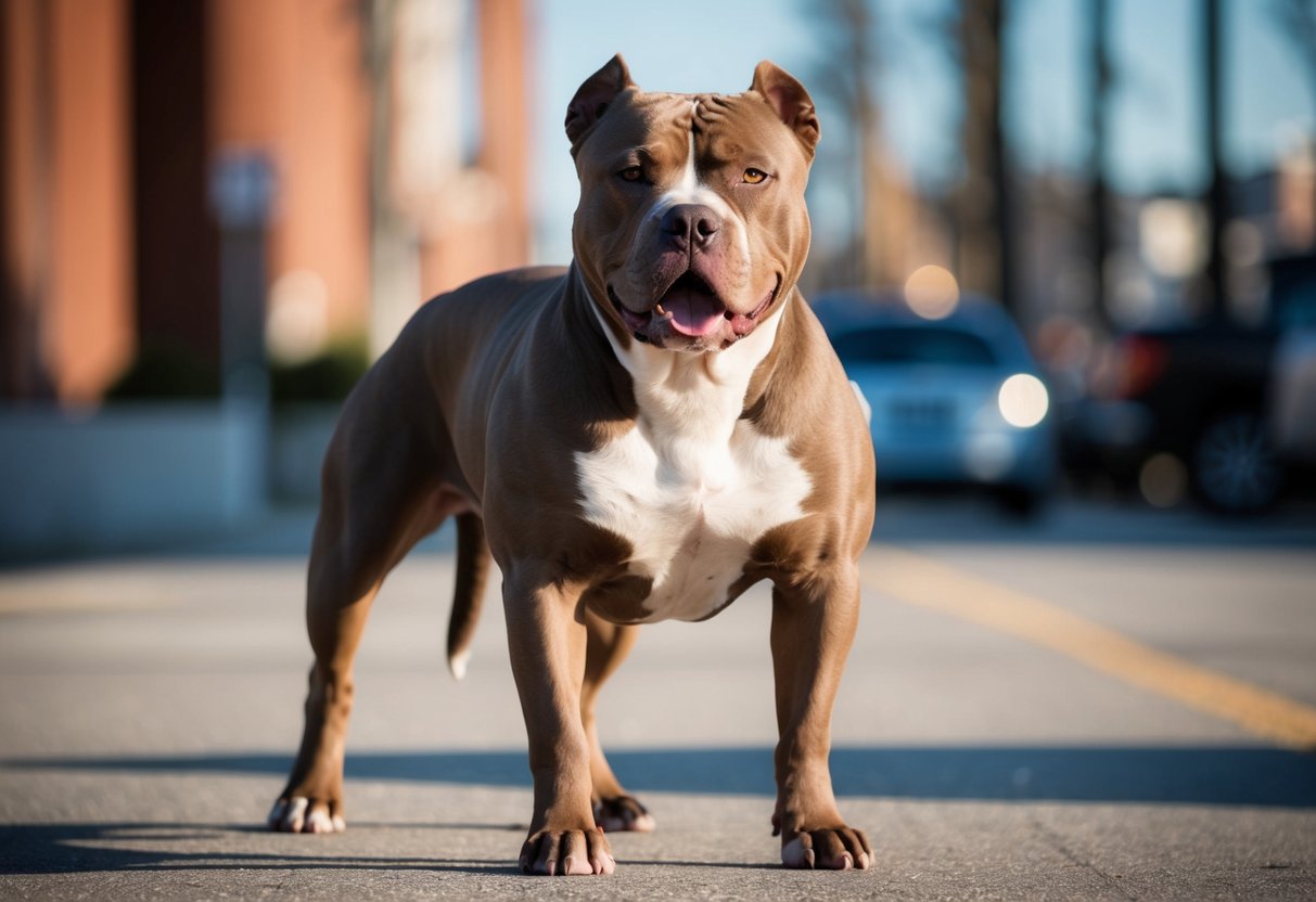 A muscular pit bull stands confidently, with a powerful stance and a determined look in its eyes