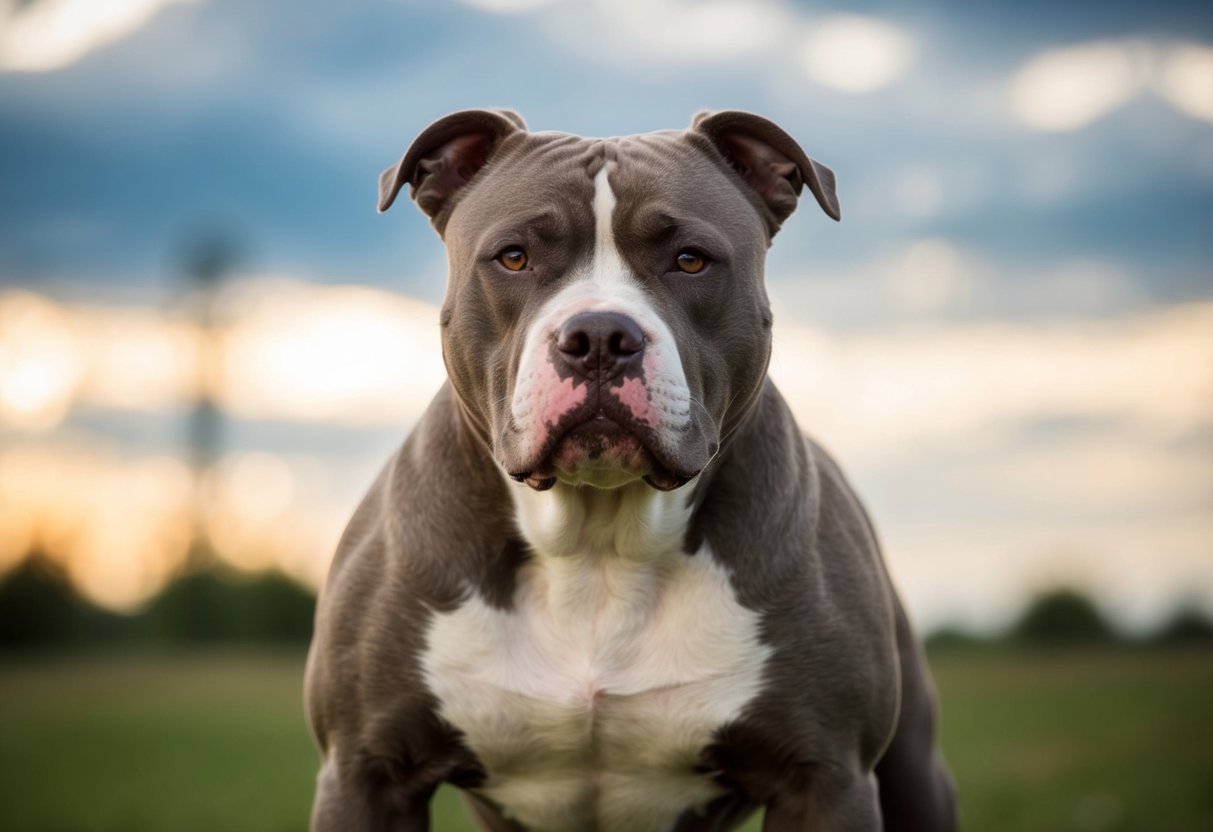 A muscular and determined pit bull stands confidently, with a sturdy build and intense gaze, showcasing the epitome of dog toughness