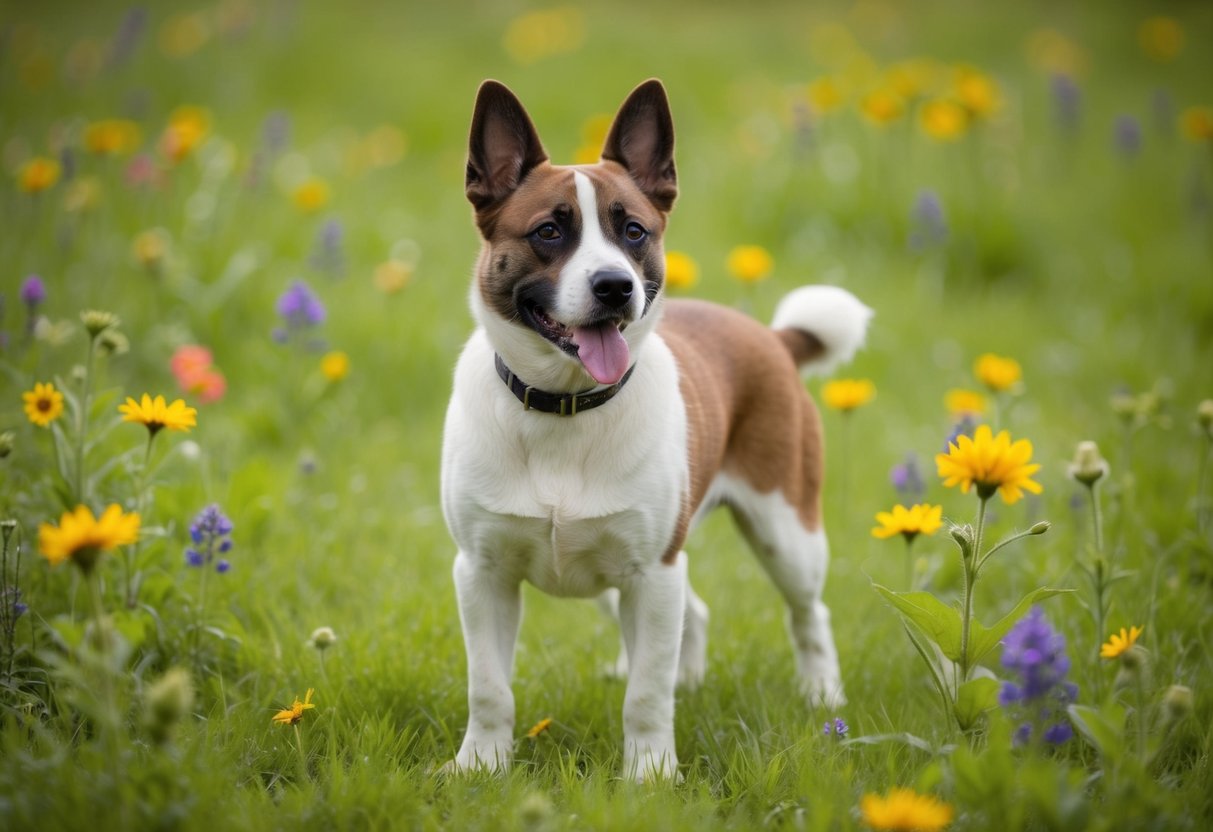 A cute, rare breed dog with a unique name stands proudly in a lush, green meadow, surrounded by colorful wildflowers