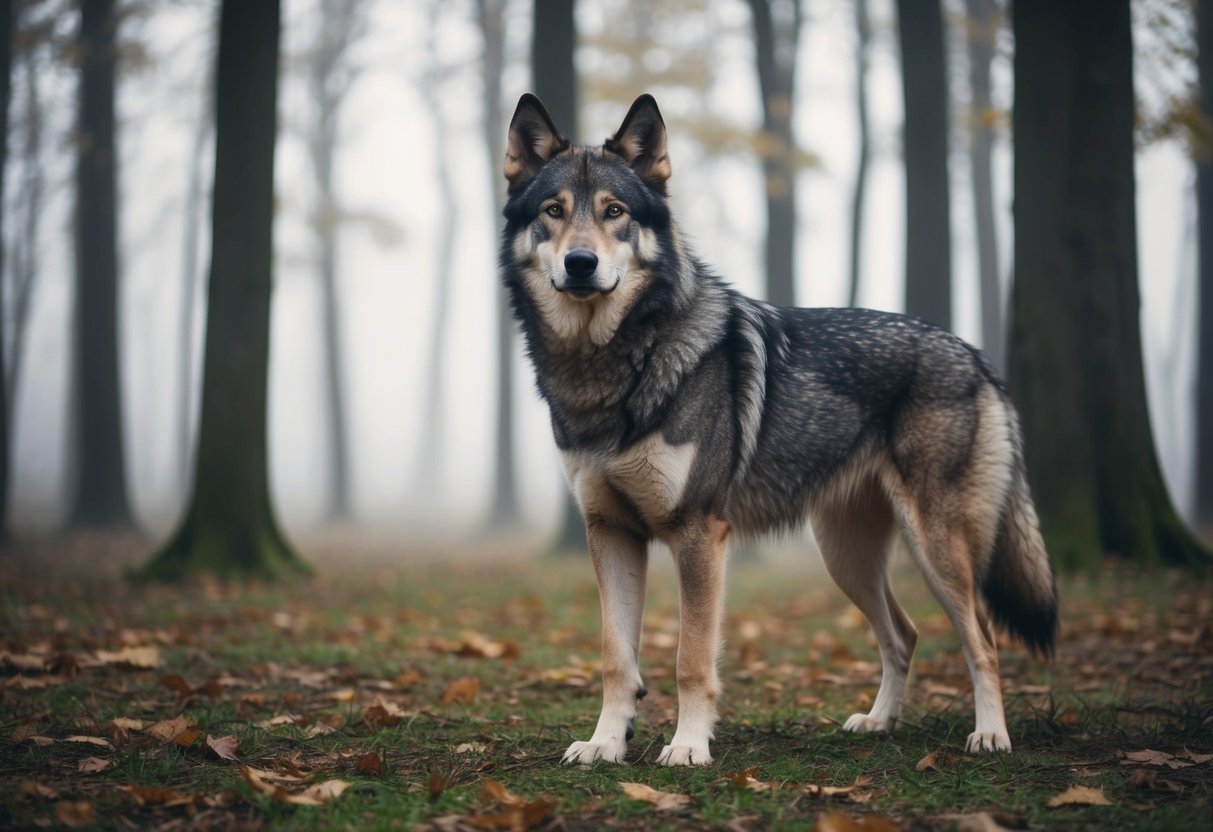 A majestic wolf-like dog stands alone in a misty forest, its unique name barely audible above the rustling leaves
